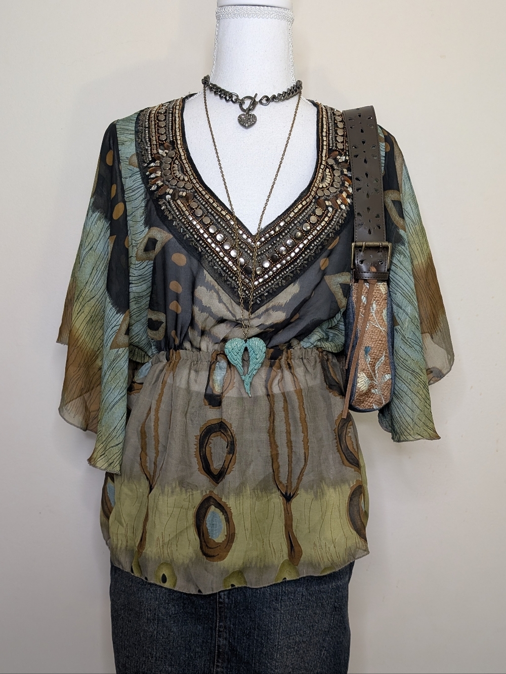 Beaded V-Neck Boho Blouse in Olive Green and Teal
